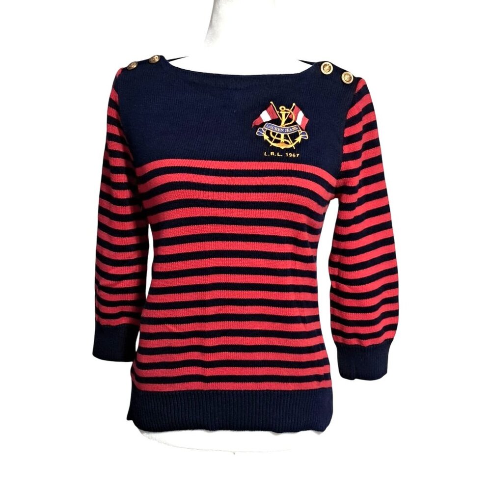 Ralph Lauren Nautical Sweater Womens Size M Embroidered Flag Crest Red & Blue St - Picture 2 of 10